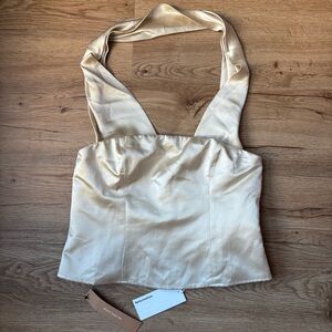 New Reformation Sallie Almond Cream Silk Crop Top draped back size 6 small